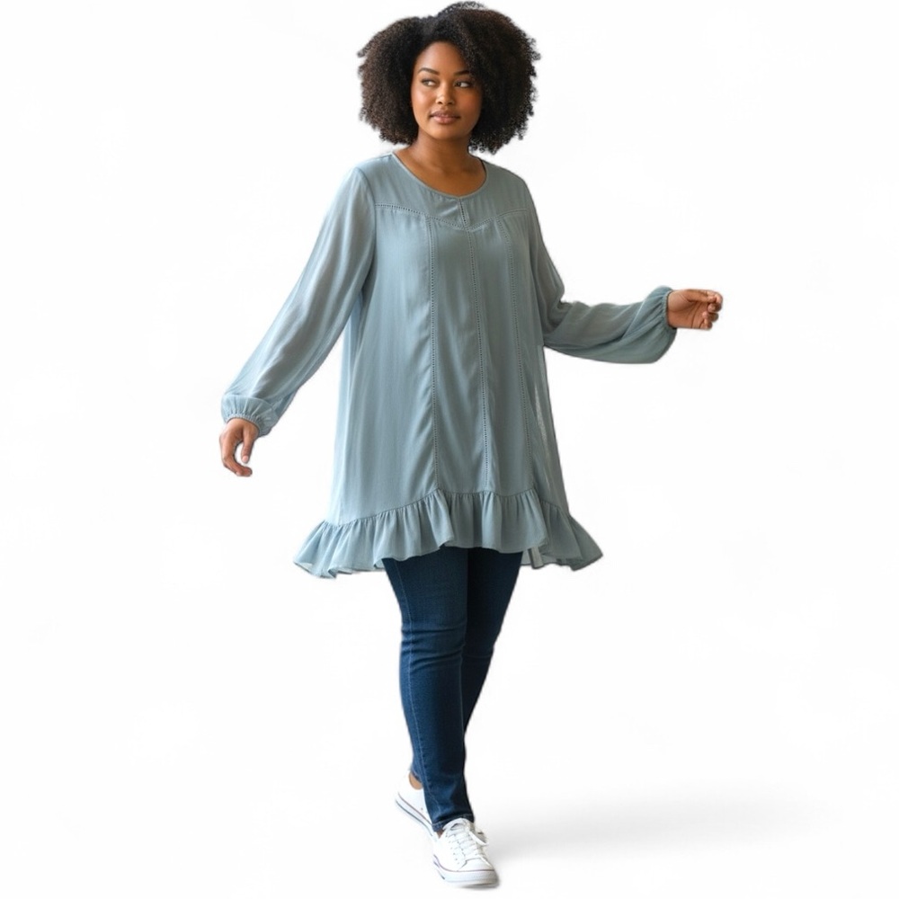 BCBGGeneration Gray Blouse Women’s L Sheer Lined Long Sleeve Ruffle Hem - Picture 4 of 9